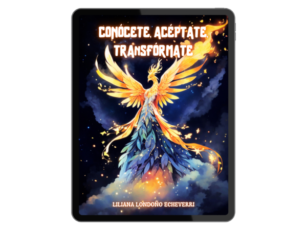 Portada del libro "Conócete, Acéptate y Transfórmate", una guía digital con herramientas y ejercicios para el autodescubrimiento y crecimiento personal.