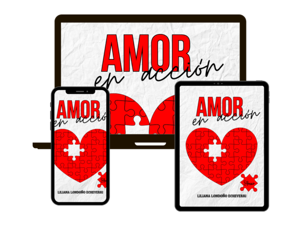 Portada del libro "Amor en Acción", una guía práctica para parejas con ejercicios y reflexiones para fortalecer la conexión y mejorar la comunicación.