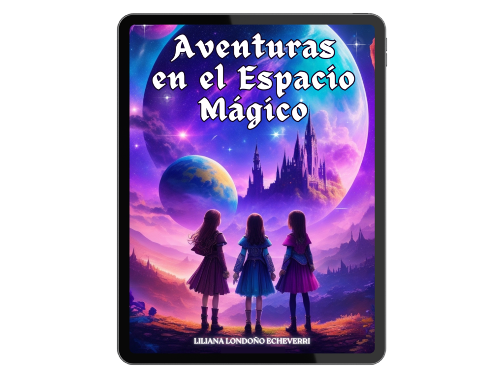 Portada del libro "Aventuras en el Mundo Mágico", una historia de fantasía donde tres amigas exploran planetas llenos de magia, secretos y desafíos.
