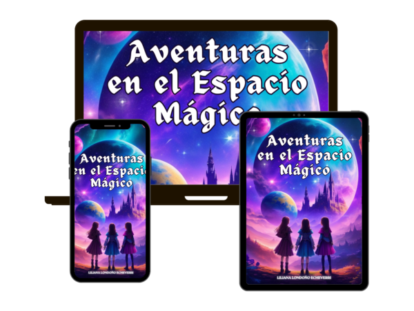 Portada del libro "Aventuras en el Mundo Mágico", una historia de fantasía donde tres amigas exploran planetas llenos de magia, secretos y desafíos.