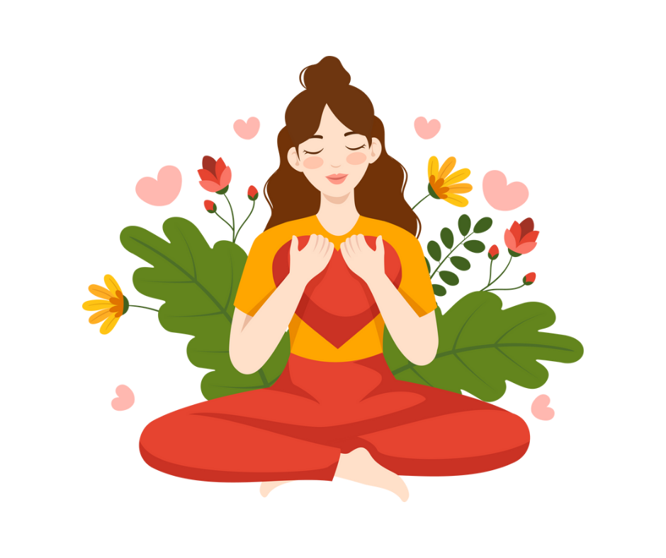 Mujer meditando en calma junto a rosas, reflejando amor propio y equilibrio emocional en el Día Internacional de la Mujer 2025.